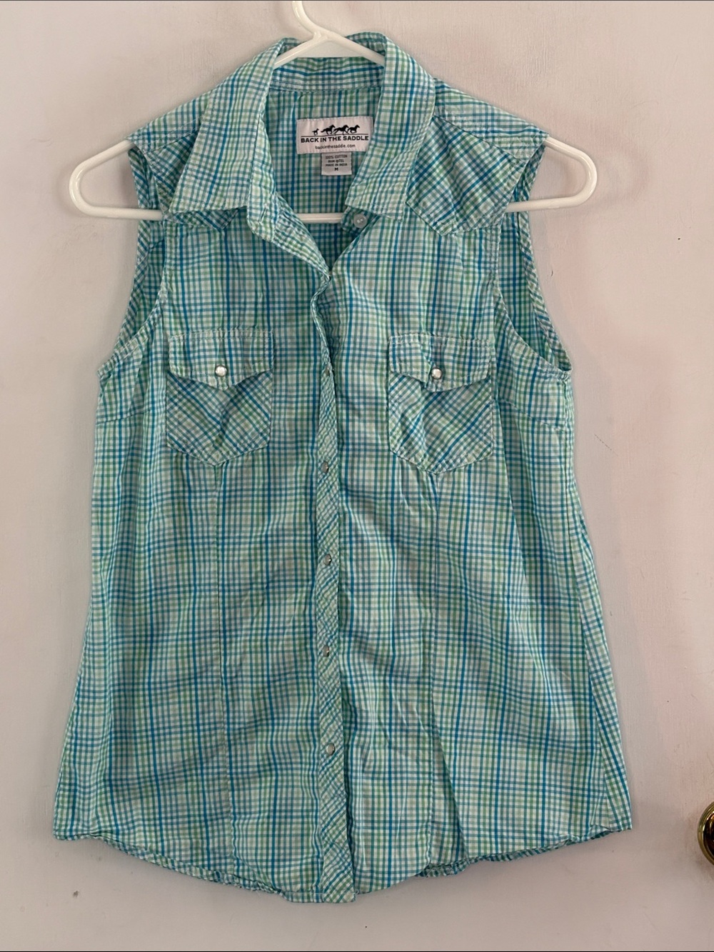 Back in the Saddle turquoise  plaid sleeveless button down western shirt Size M